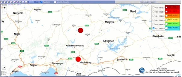 Şekil 1. 06.02.2023 Kahramanmaraş Depremlerinin Konum Haritası (KRDAE)