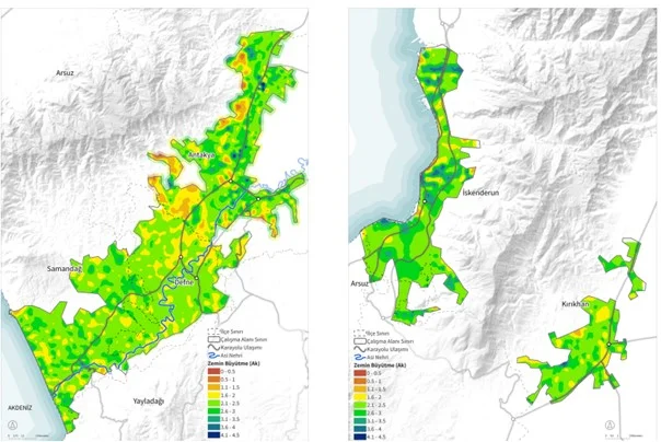 Şekil 3. Zemin Büyütme Haritası – Sağda: Antakya, Defne, Samandağ Solda: İskenderun, Kırıkhan (HPM, 2023)