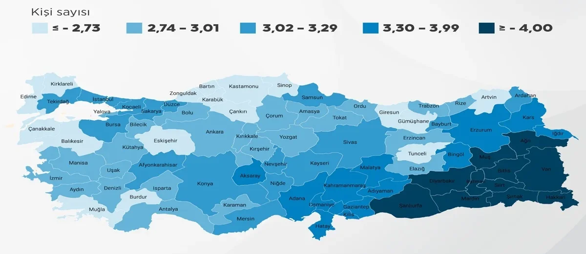 Şekil 1 - İllere Göre Ortalama Hanehalkı Büyüklüğü (2022) / TÜİK 