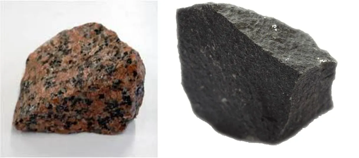 Şekil 1. Magmatik kayaç örnekleri (Solda; Granit, Sağda; Bazalt)